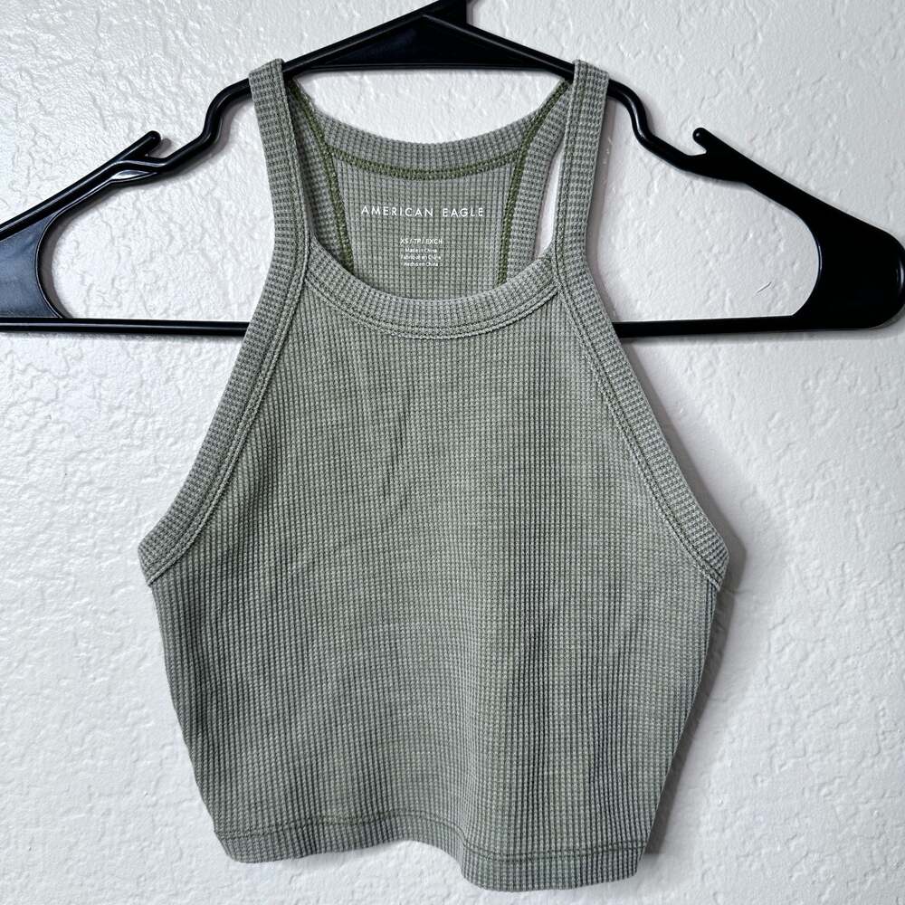 American Eagle Women's Green Waffle Knit Racerback Cropped Tank Top - XS